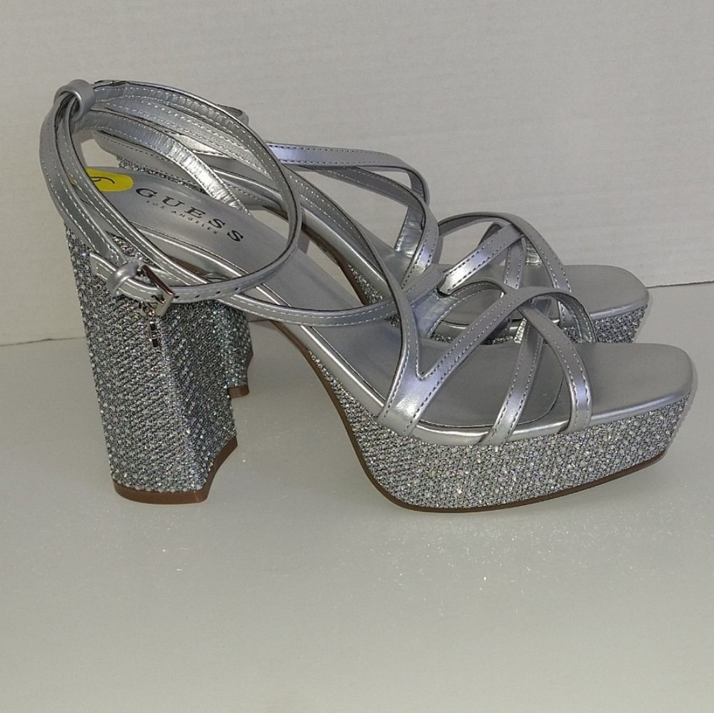 Guess Silver Embellished Strappy Platforms Block Heel Rhinestones Sandals Size 9